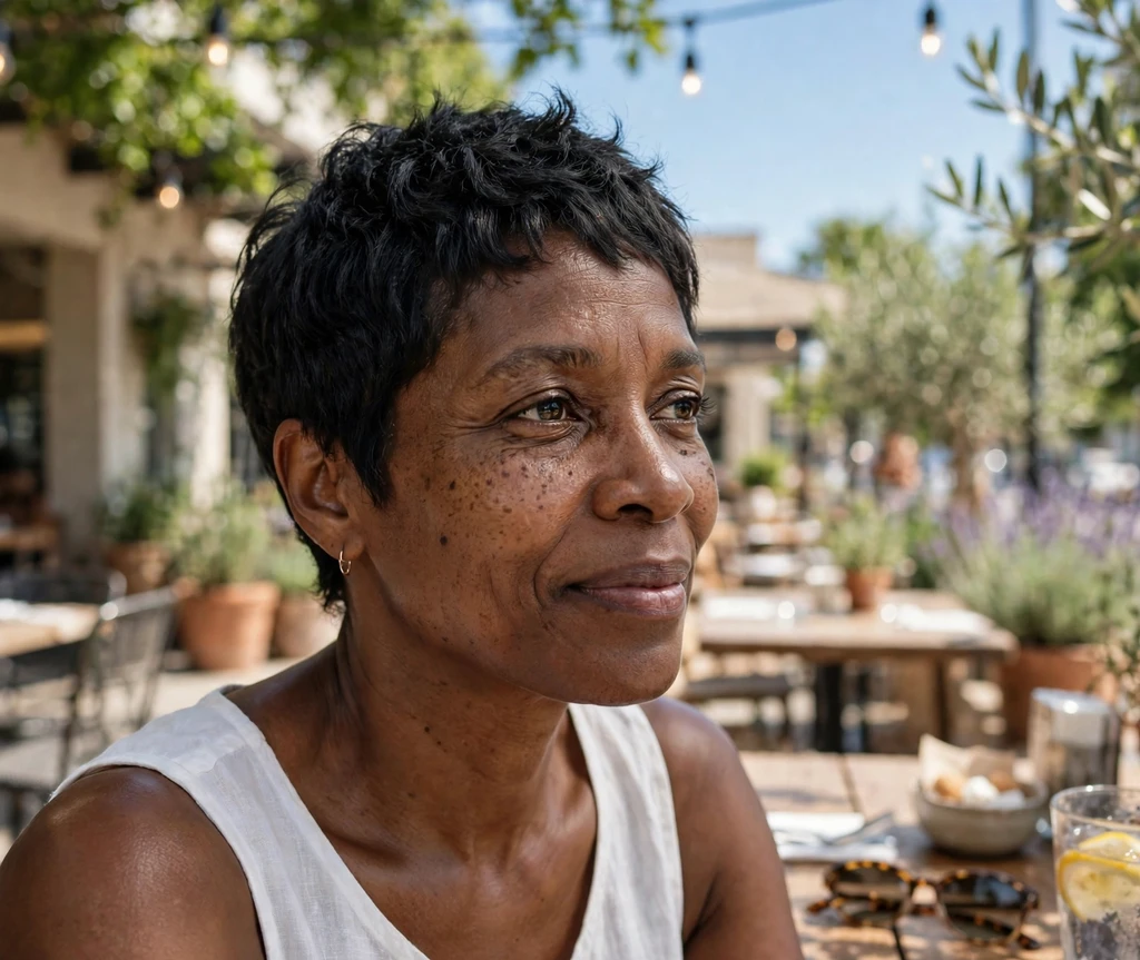 Woman with a short textured pixie cut at a cafe patio