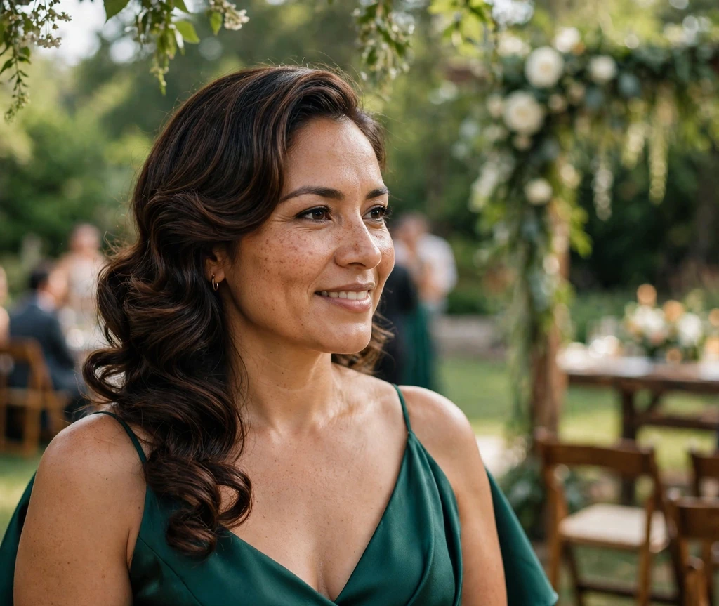 Woman with side-swept curls at a summer wedding