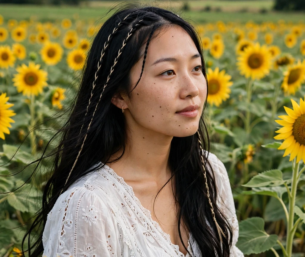 Woman with boho headband braids in a sunflower field