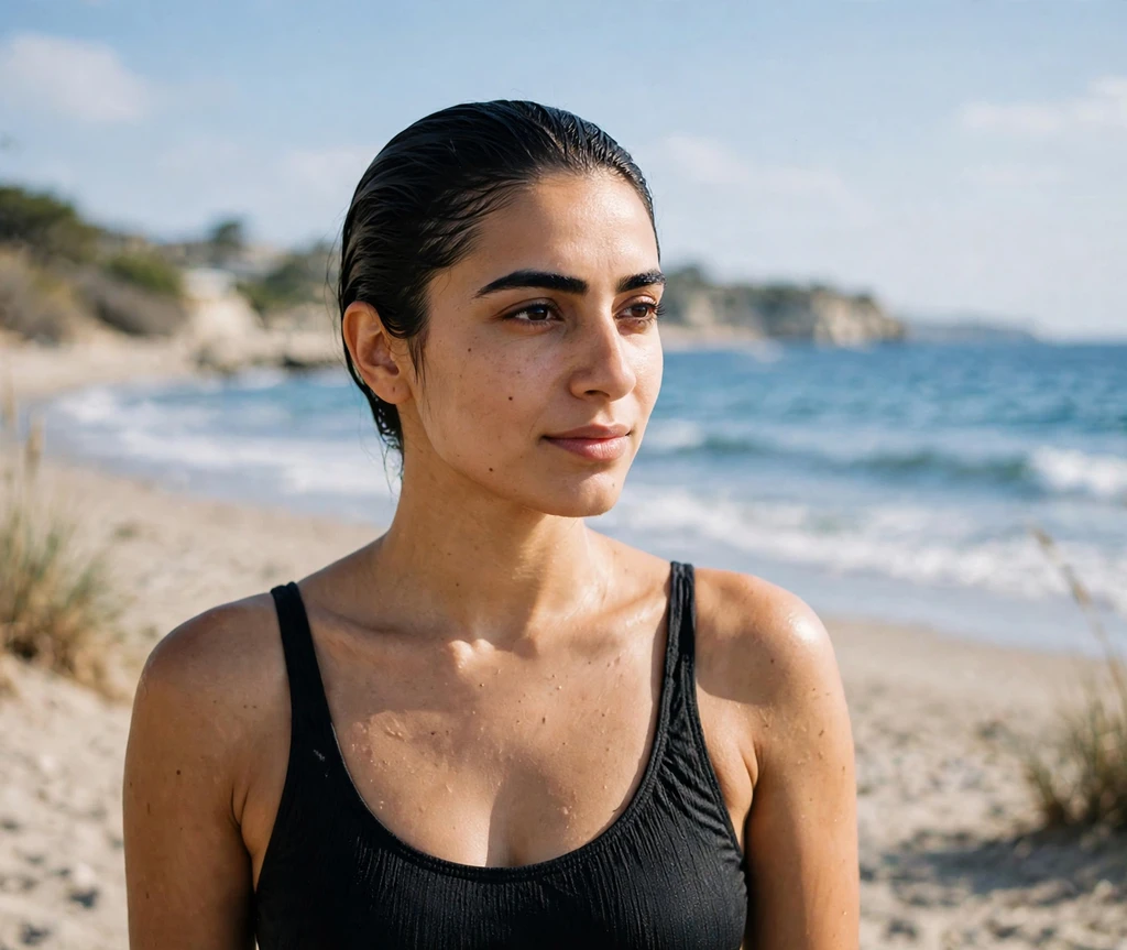 Woman with a slicked-back wet look at the beach