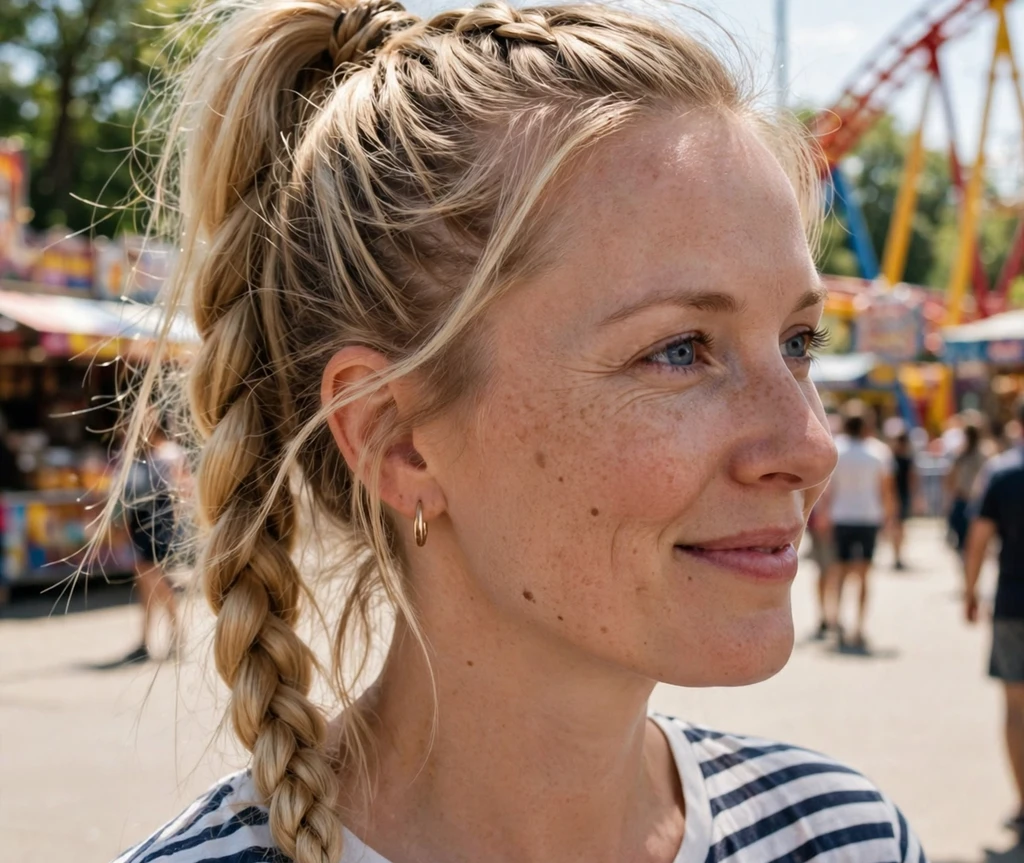 Woman with a braided high ponytail at an amusement park