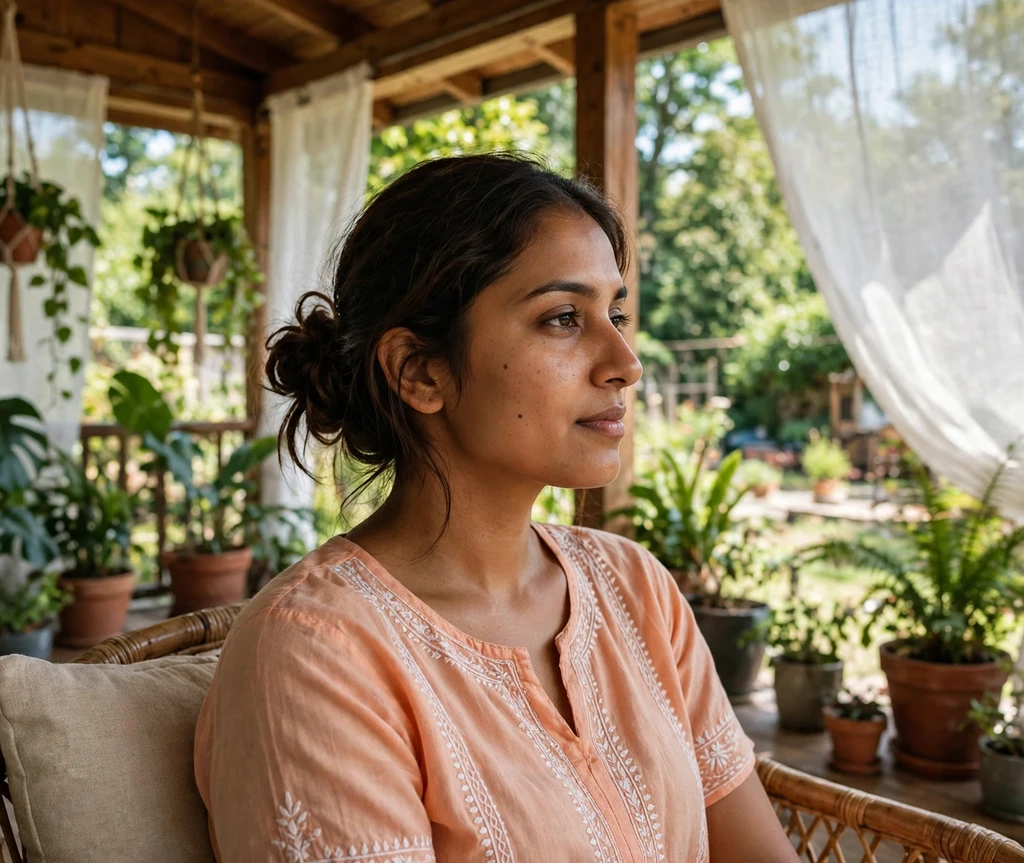 Woman with a loose low bun on a breezy veranda