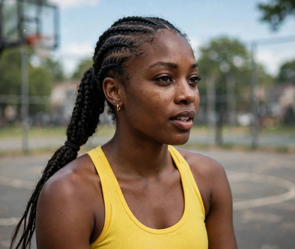 Woman with a cornrow ponytail on a basketball court