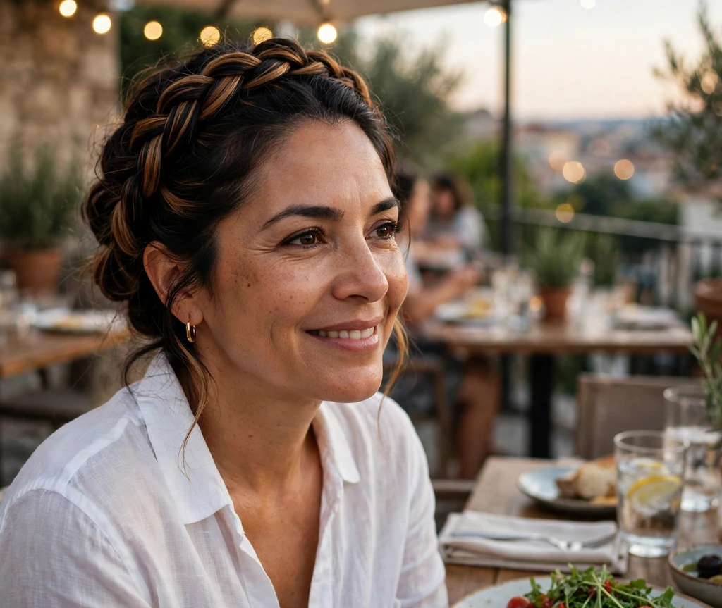 Woman with a twisted halo updo at a terrace dinner