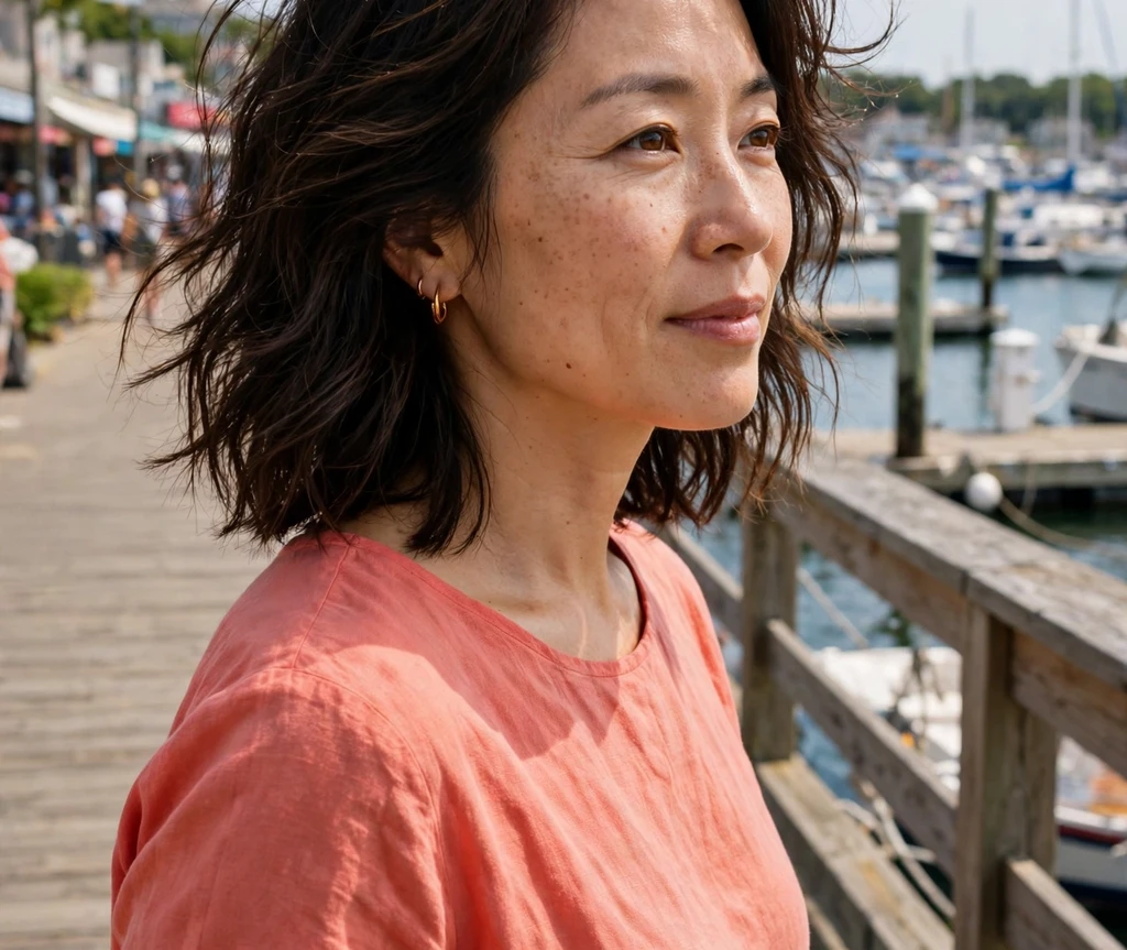Woman with a beachy lob on a harbor boardwalk