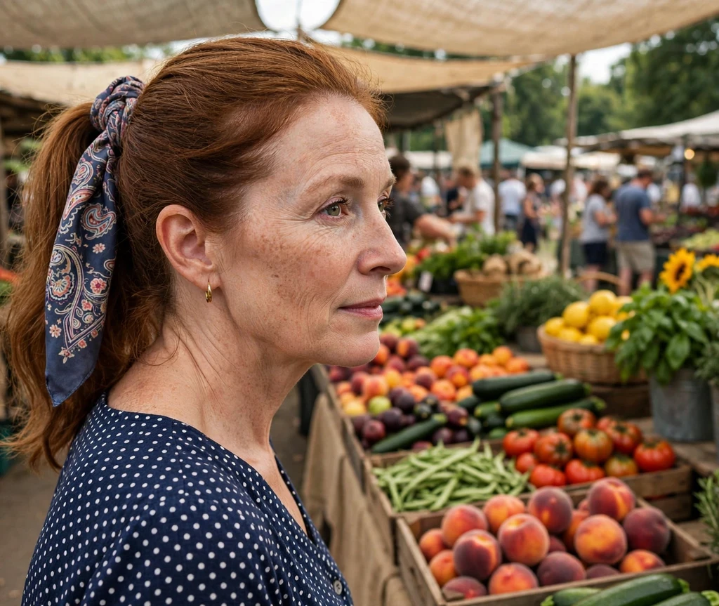 Woman with a scarf-wrapped ponytail at a farmers market
