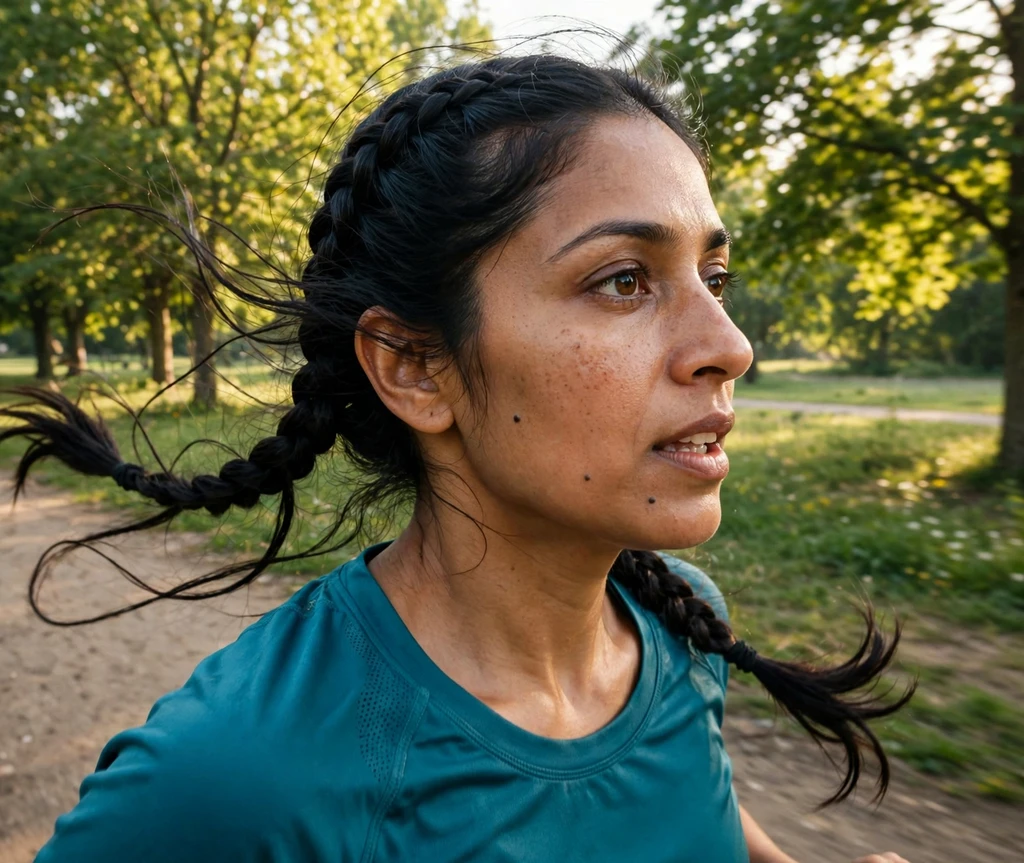 Woman with double French braids on a park trail