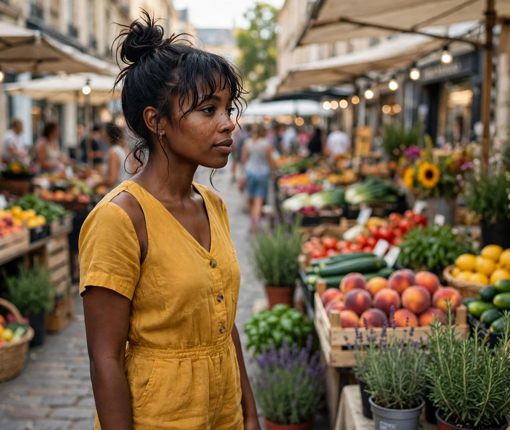 Woman with a top knot and wispy bangs at a street market