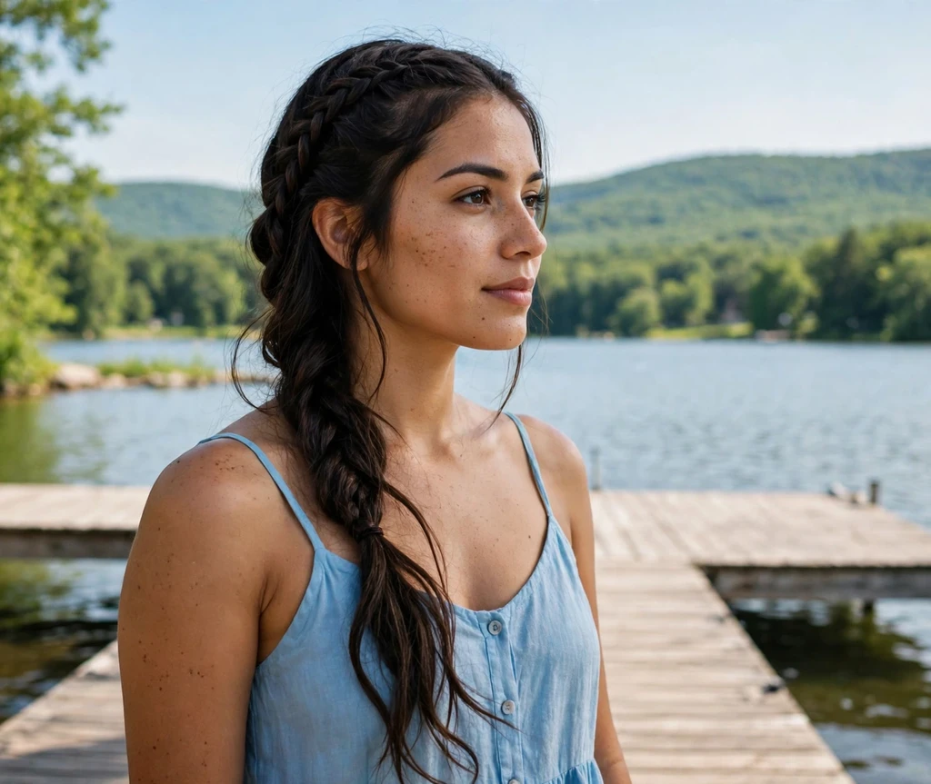 Woman with a waterfall braid on a lakeside dock