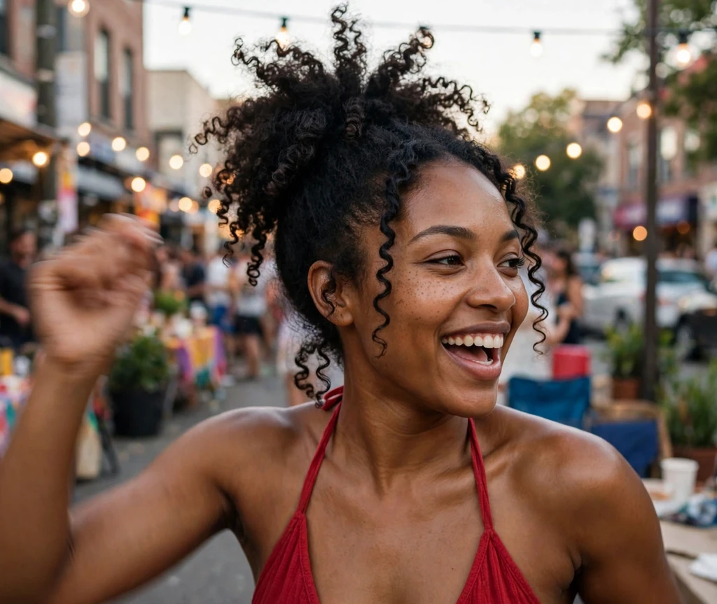 Woman with a high pineapple puff at a block party