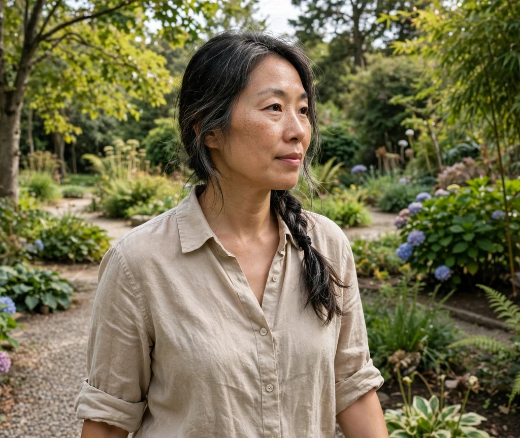 Woman with a loose side braid in a botanical garden