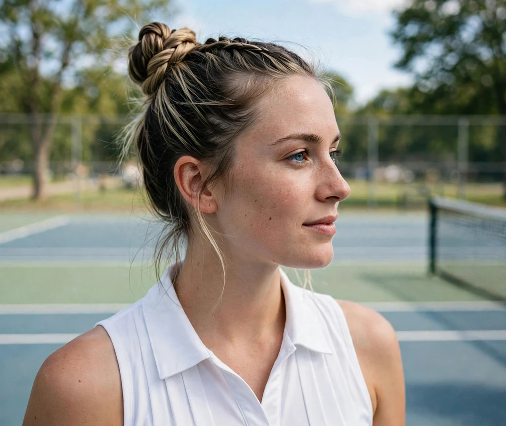 Woman with a high braided bun on a tennis court