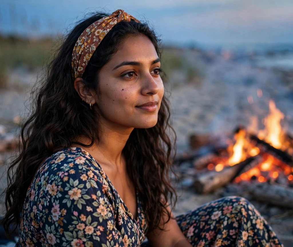 Woman with a headband tuck at a beach bonfire