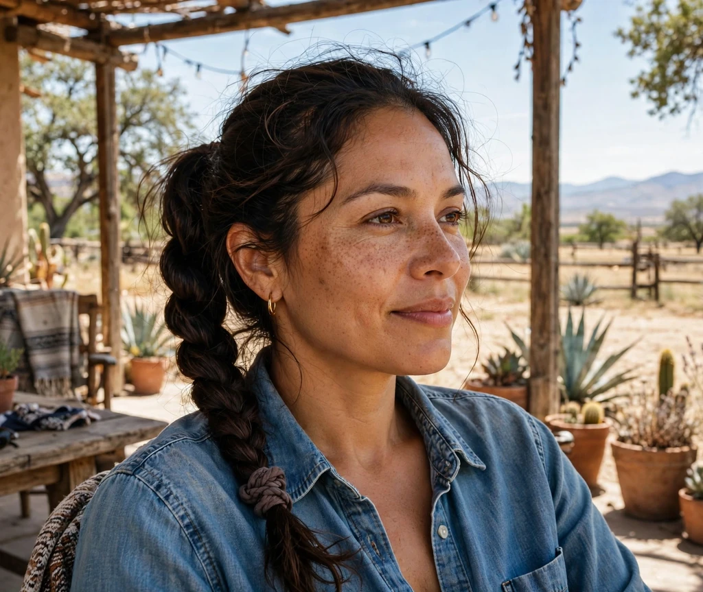 Woman with a twisted rope ponytail on a ranch patio