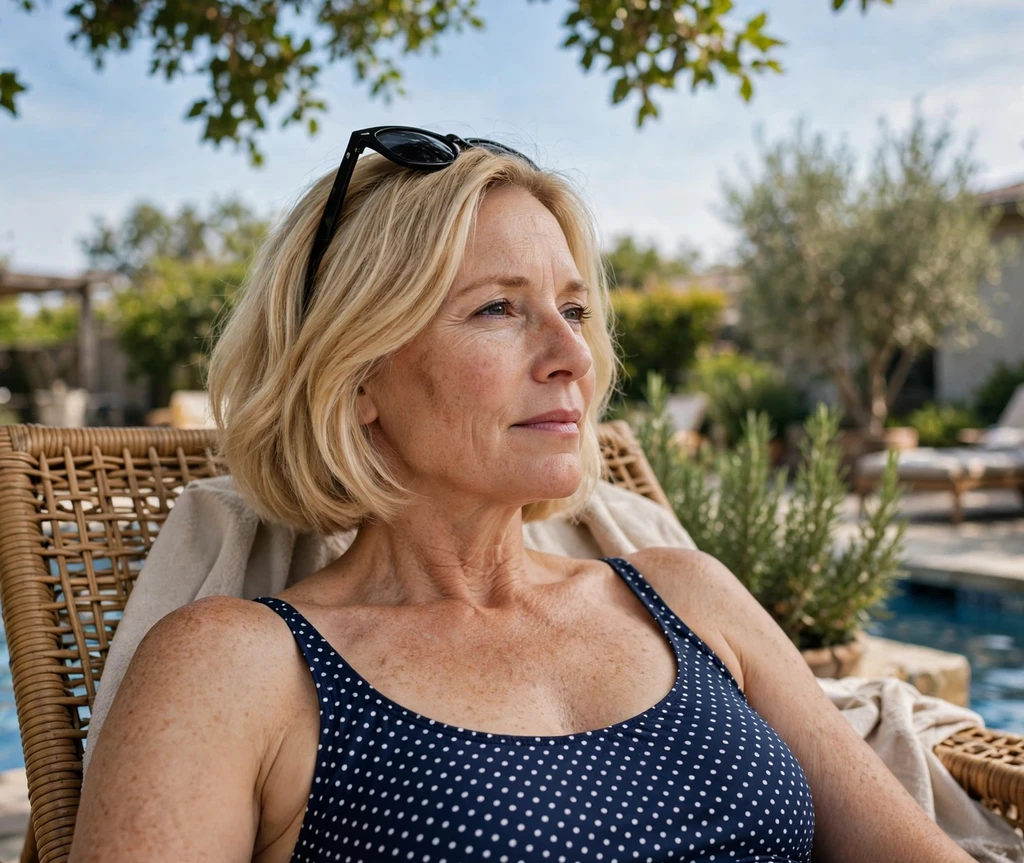 Woman with a chin-length summer bob by the pool