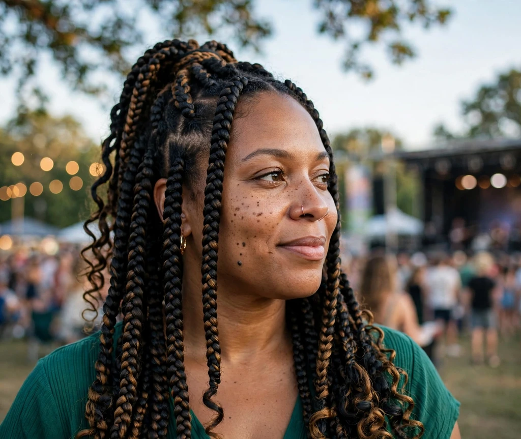 Woman with half-up goddess braids at an outdoor concert