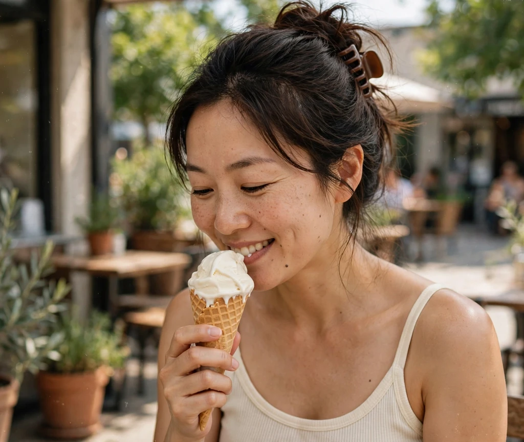 Woman with a claw clip updo at an ice cream shop