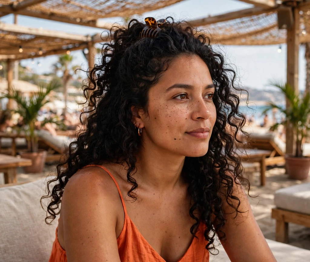 Woman with voluminous half-up curls at a beach club