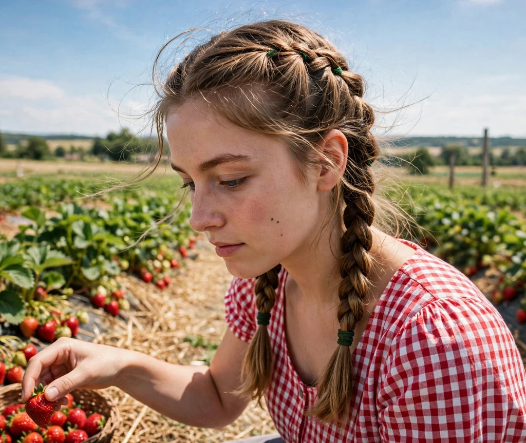 Woman with braided pigtails at a strawberry farm