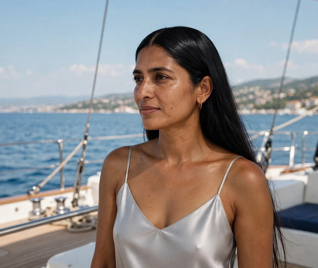 Woman with sleek glass hair on a yacht deck