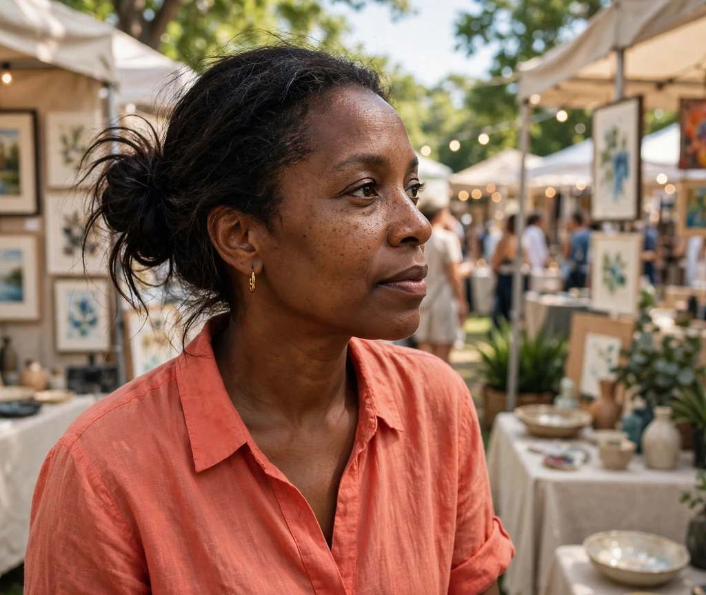 Woman with a messy side bun at a summer art fair
