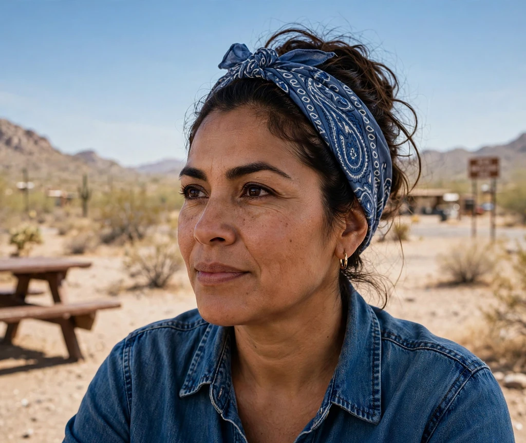 Woman with a bandana updo on a road trip