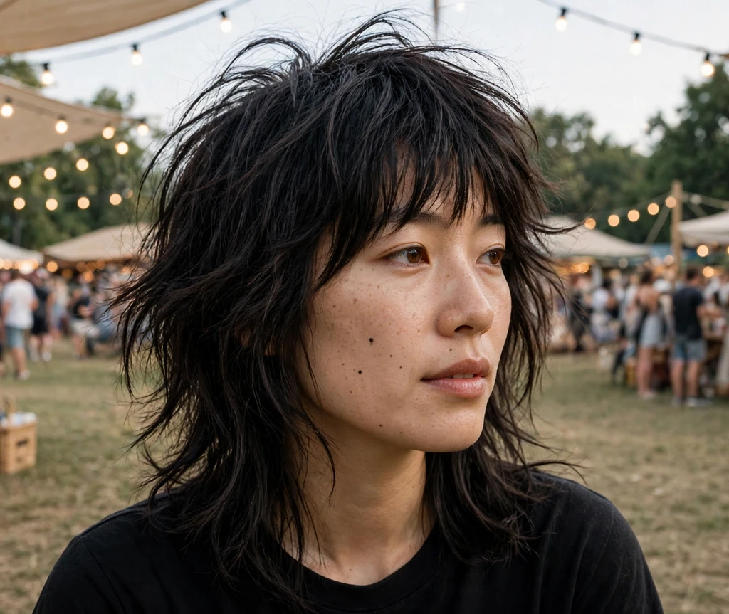 Woman with a tousled shag at an outdoor festival