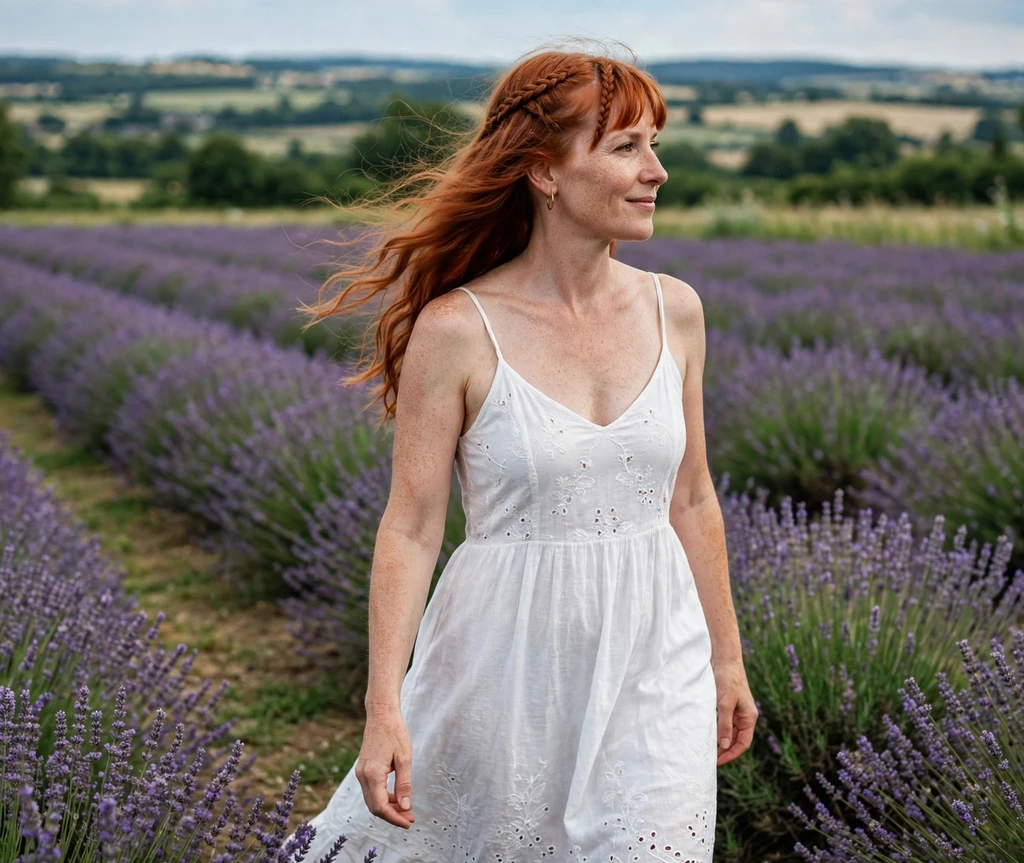 Woman with braided bangs in a lavender field