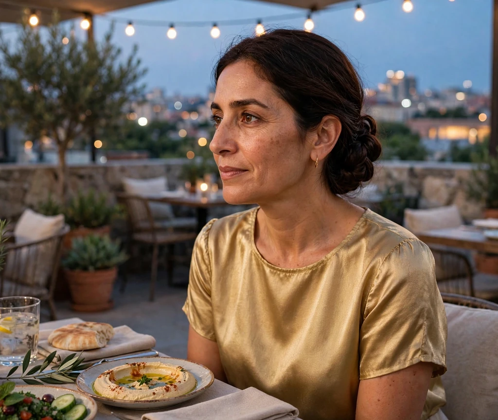 Woman with a low twisted chignon at a rooftop restaurant