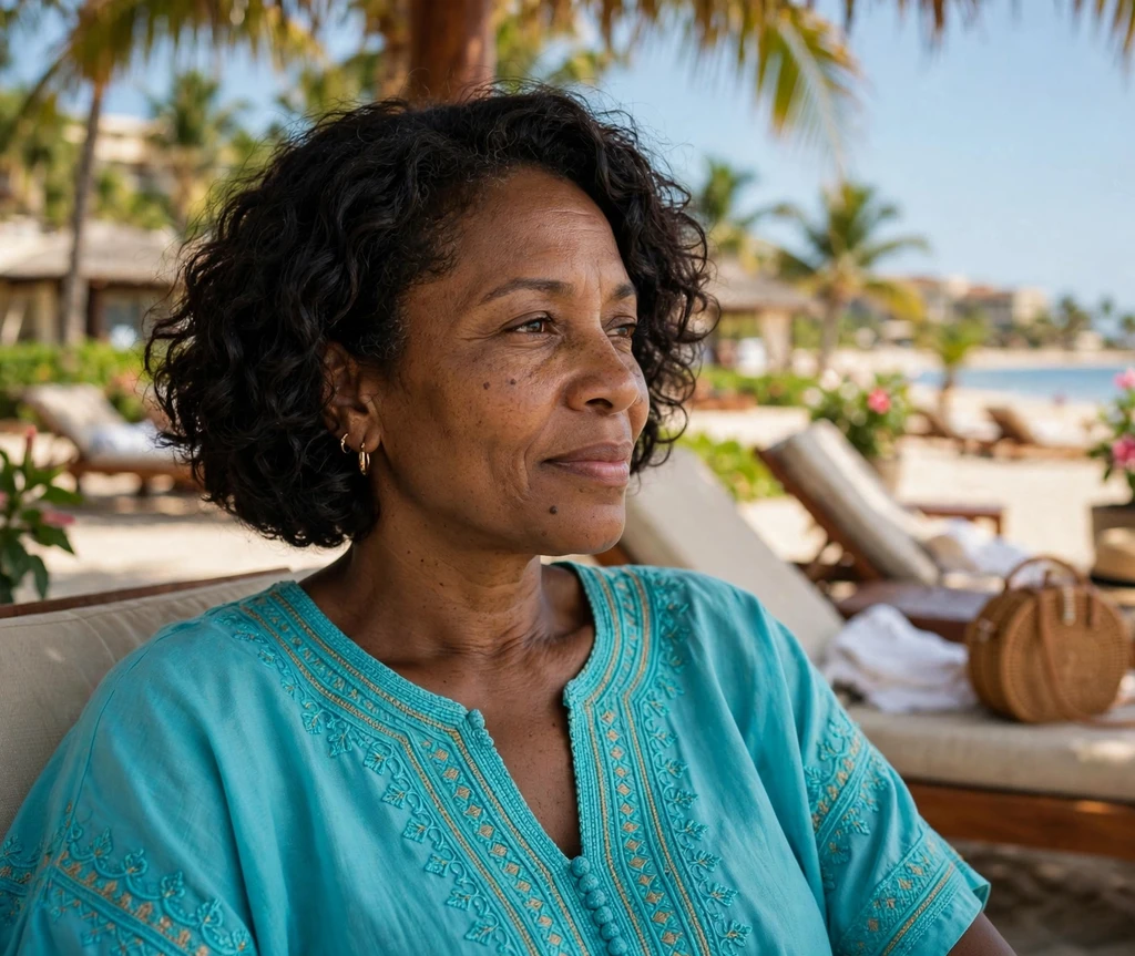 Woman with a curly bob at a beach resort