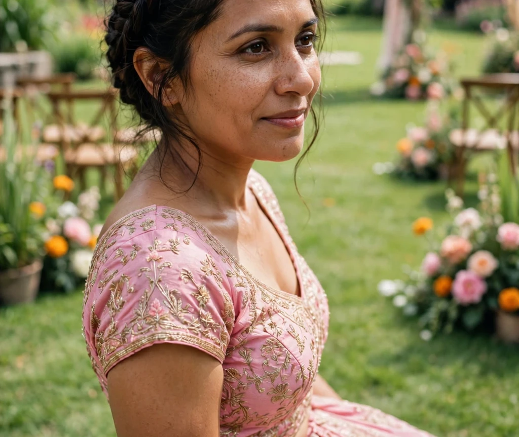 Woman with a Dutch braid crown on a wedding lawn