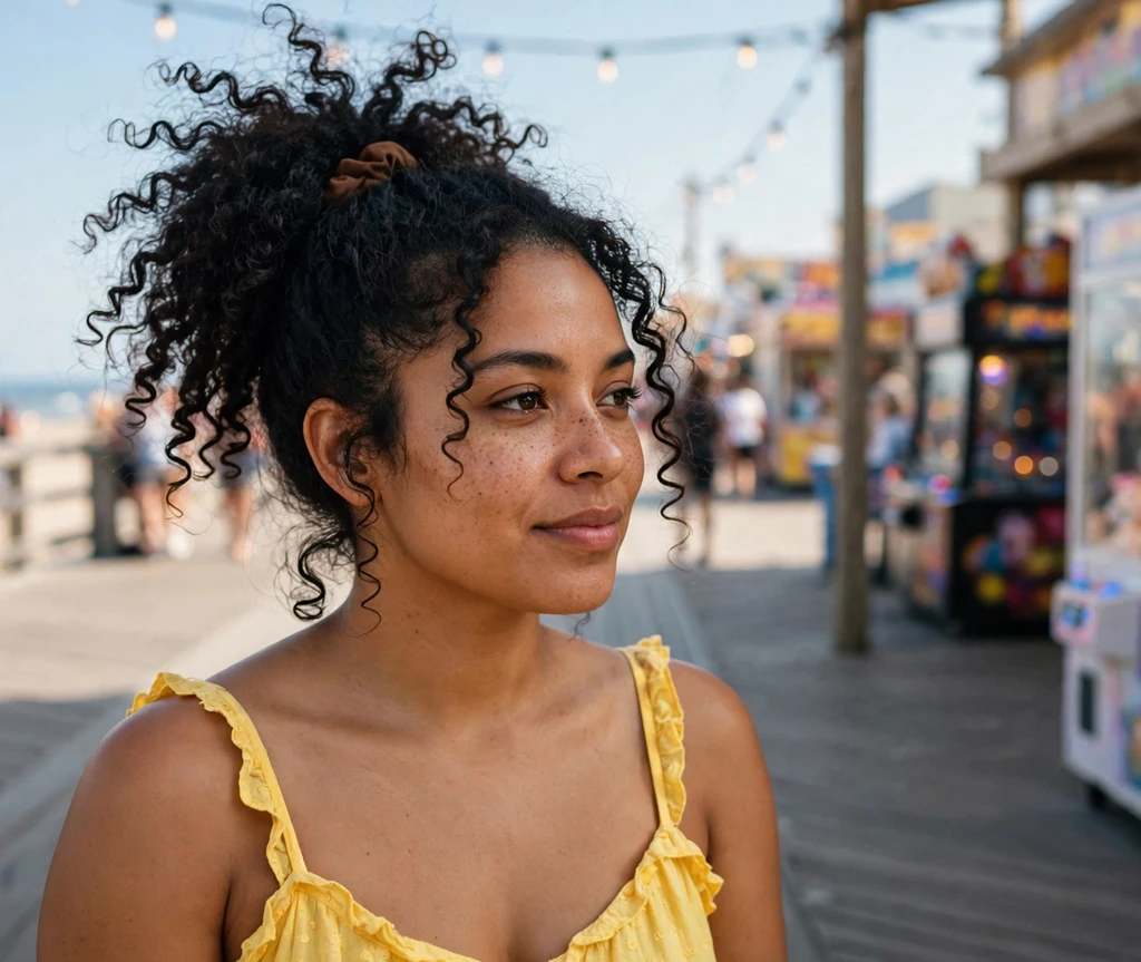 Woman with a high puff ponytail at a boardwalk arcade