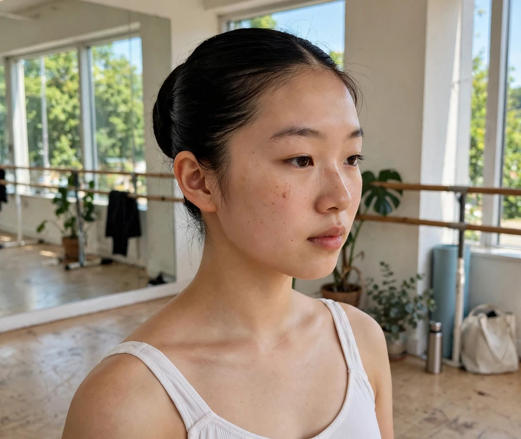 Woman with a slicked ballerina bun in a dance studio