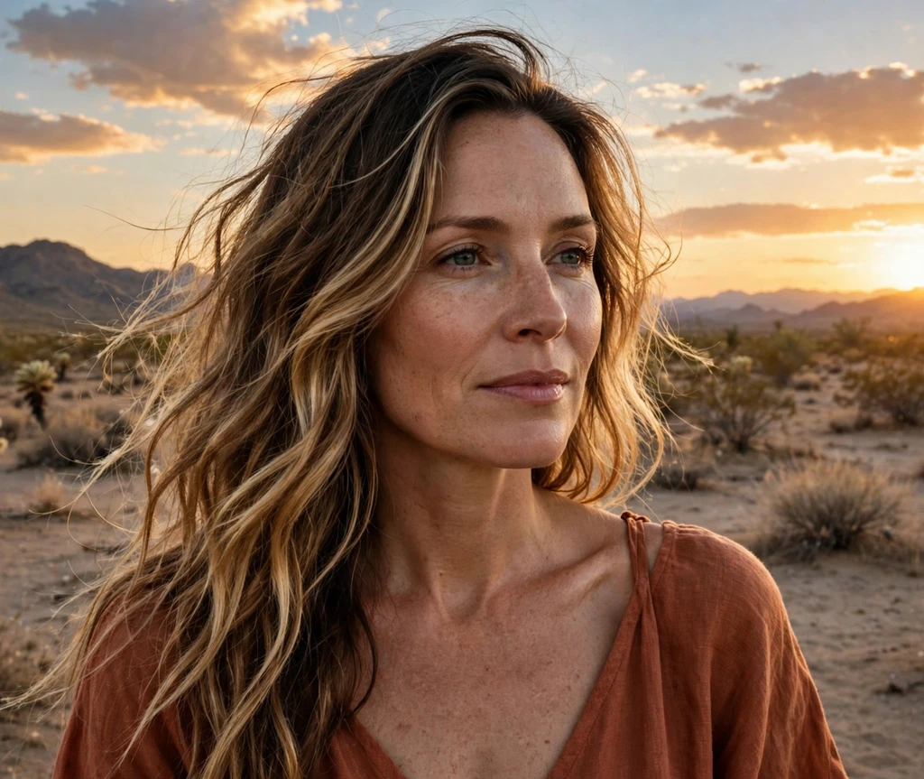 Woman with sun-kissed balayage waves in the desert at sunset