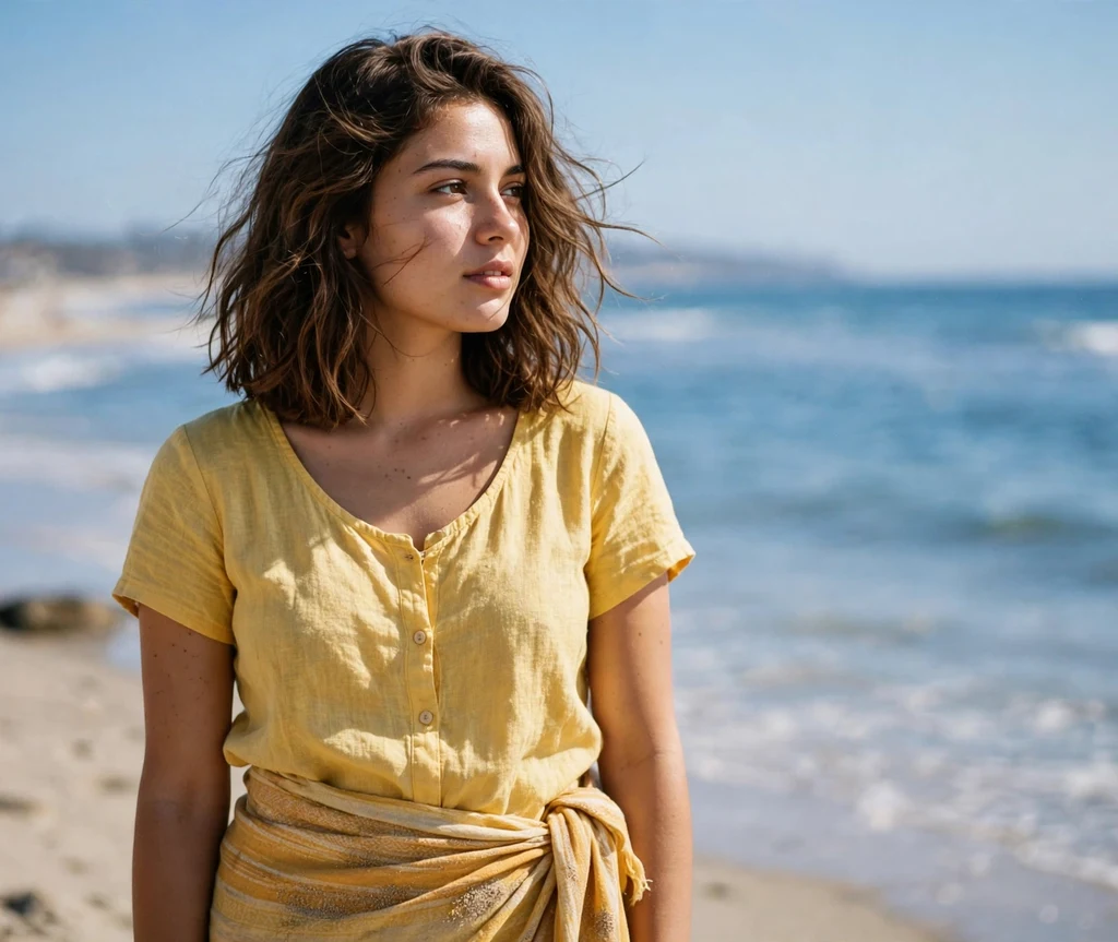 Beachy lob waves on shoulder-length brown hair, yellow top and sarong, beach