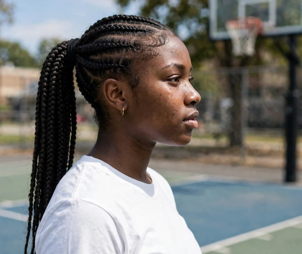 Cornrows along the front flowing into a long high ponytail, white tee, basketball court