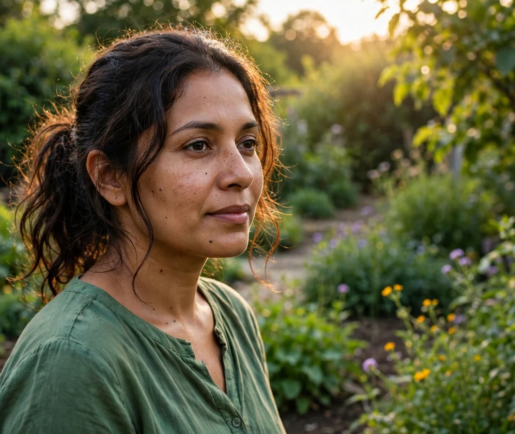 Low messy ponytail on dark hair, green blouse, lush garden