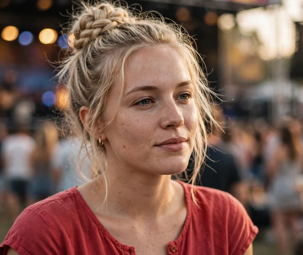 Braided top knot on blonde hair, red top, outdoor concert