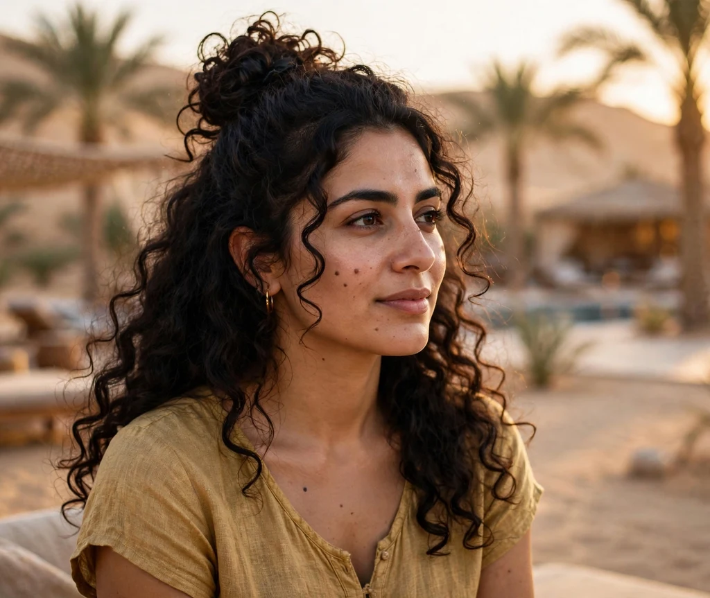 Curly half-up bun on dark curly hair, gold top, desert resort