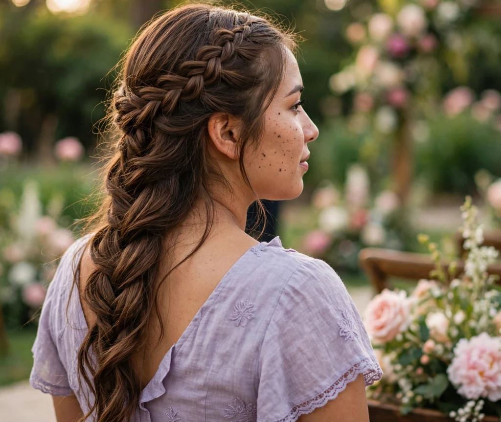 Waterfall braid across the back on long brown hair, lavender dress, garden wedding