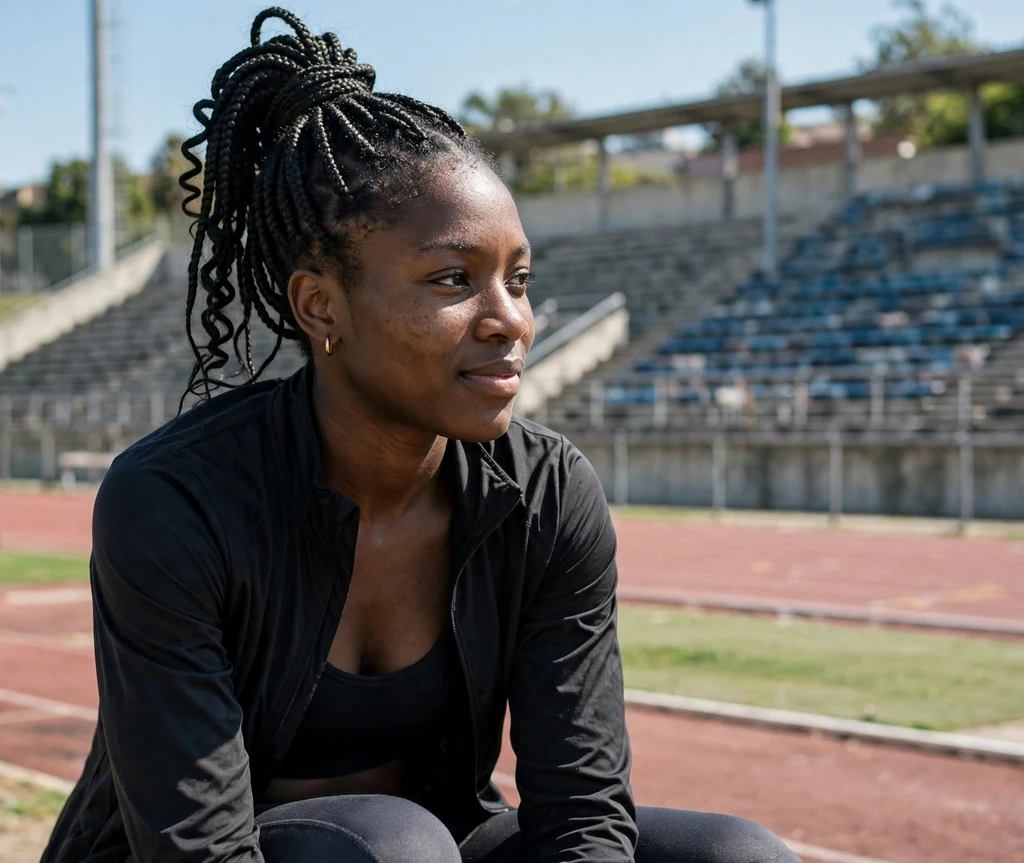 High braided ponytail from long braids, athletic wear, track field