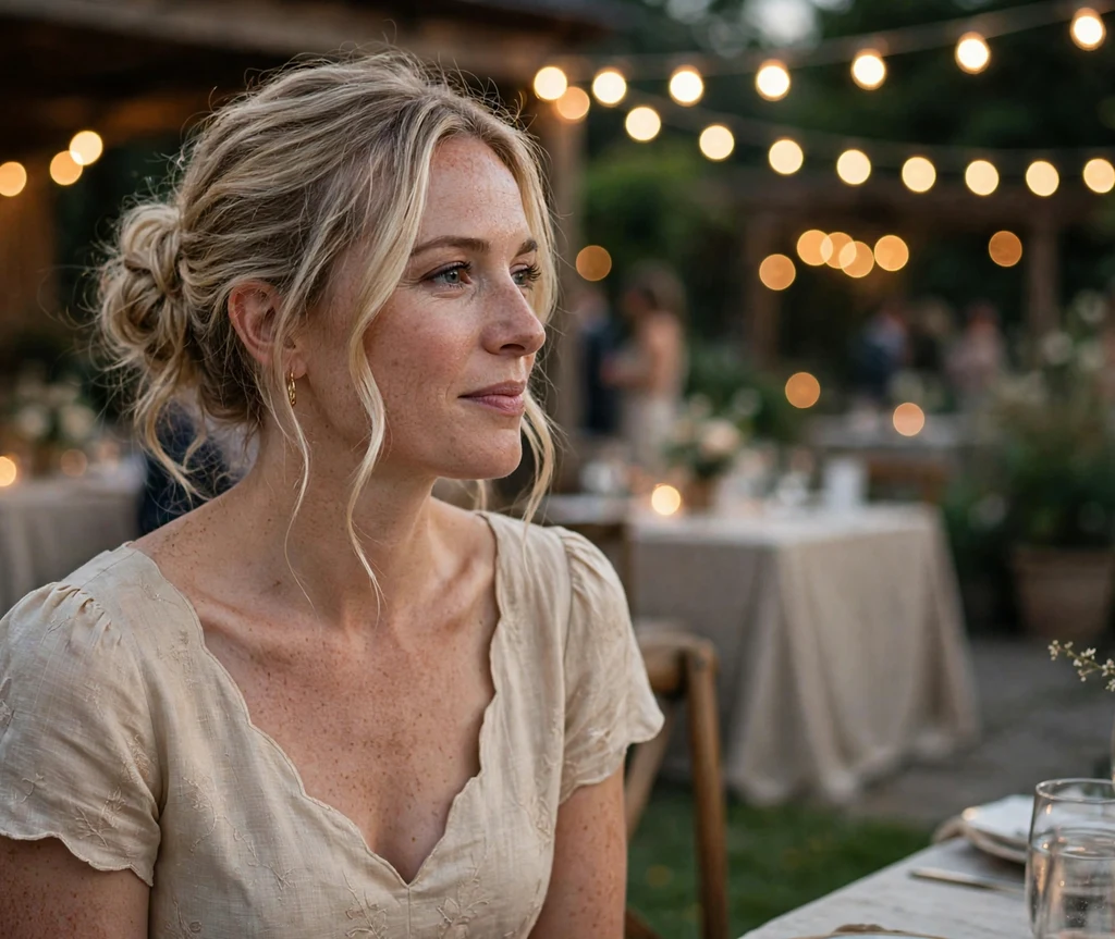 Romantic low bun with loose tendrils on blonde hair, champagne dress, evening reception