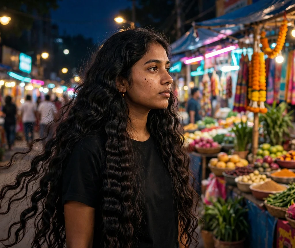 Crimped texture on very long dark hair, black top, night market