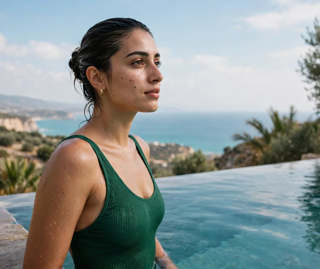 Slicked-back wet bun on dark hair, emerald swimsuit, infinity pool