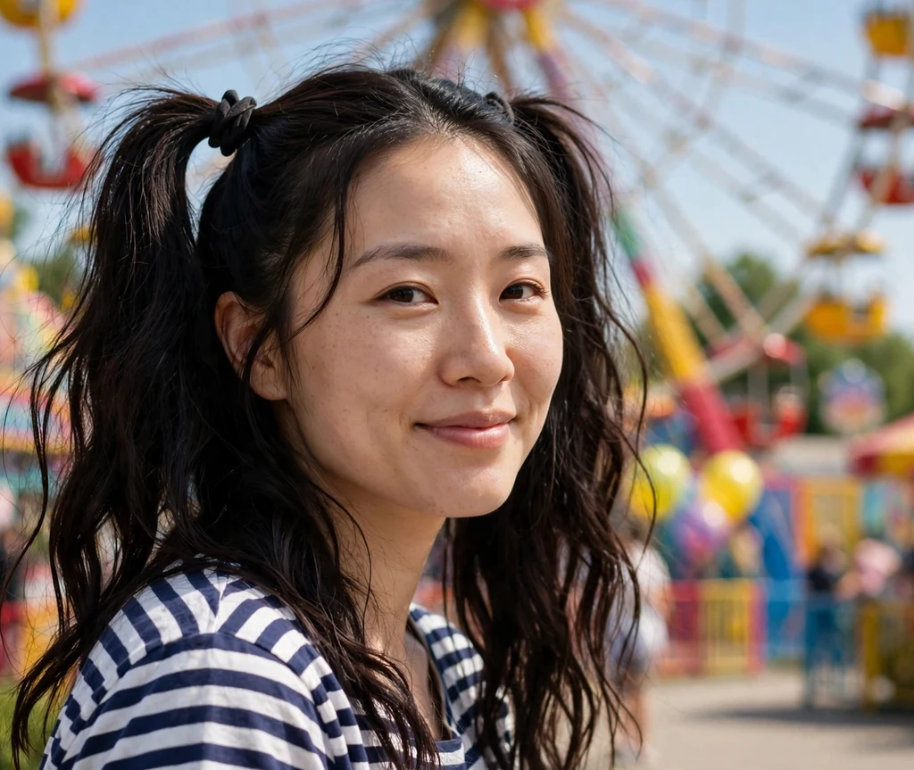 Playful pigtails on dark hair, striped shirt, amusement park