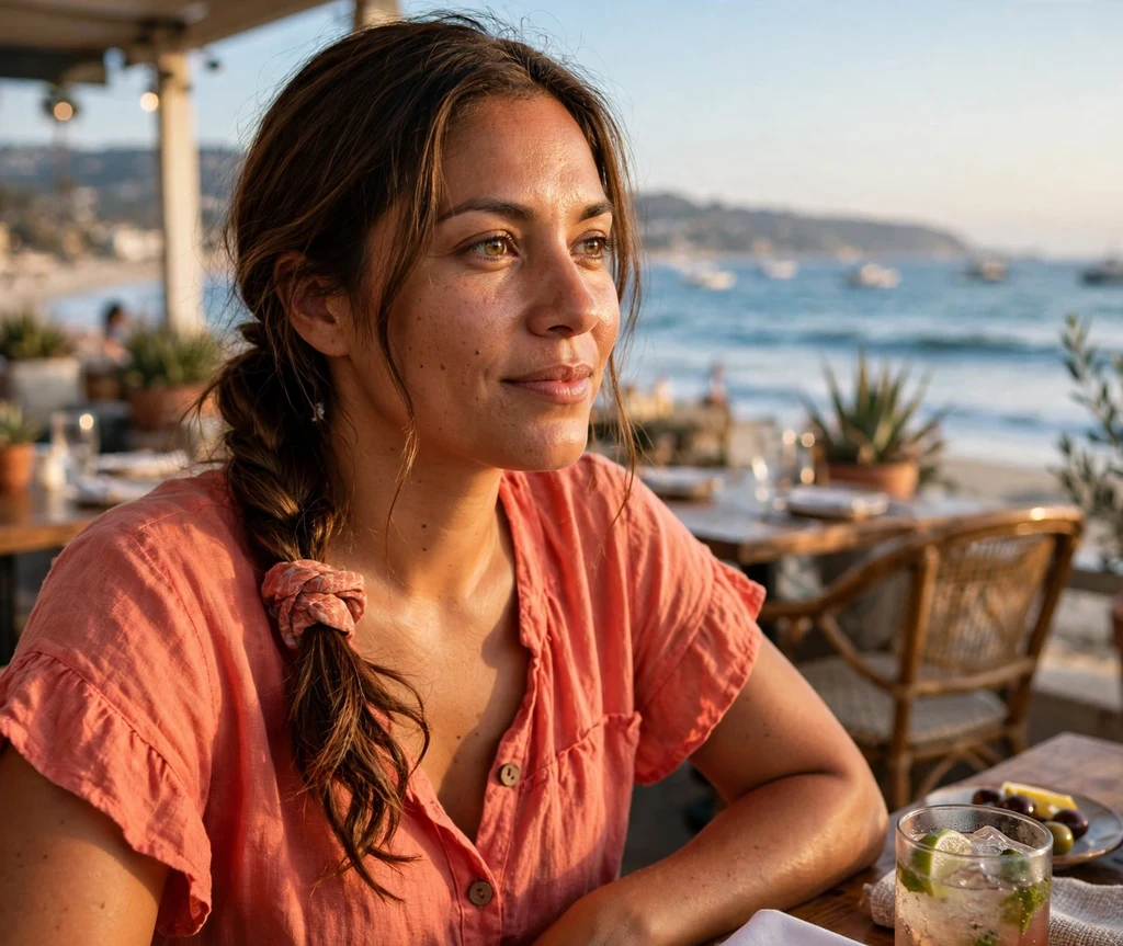 Twisted side ponytail on brown hair, coral blouse, beachside restaurant