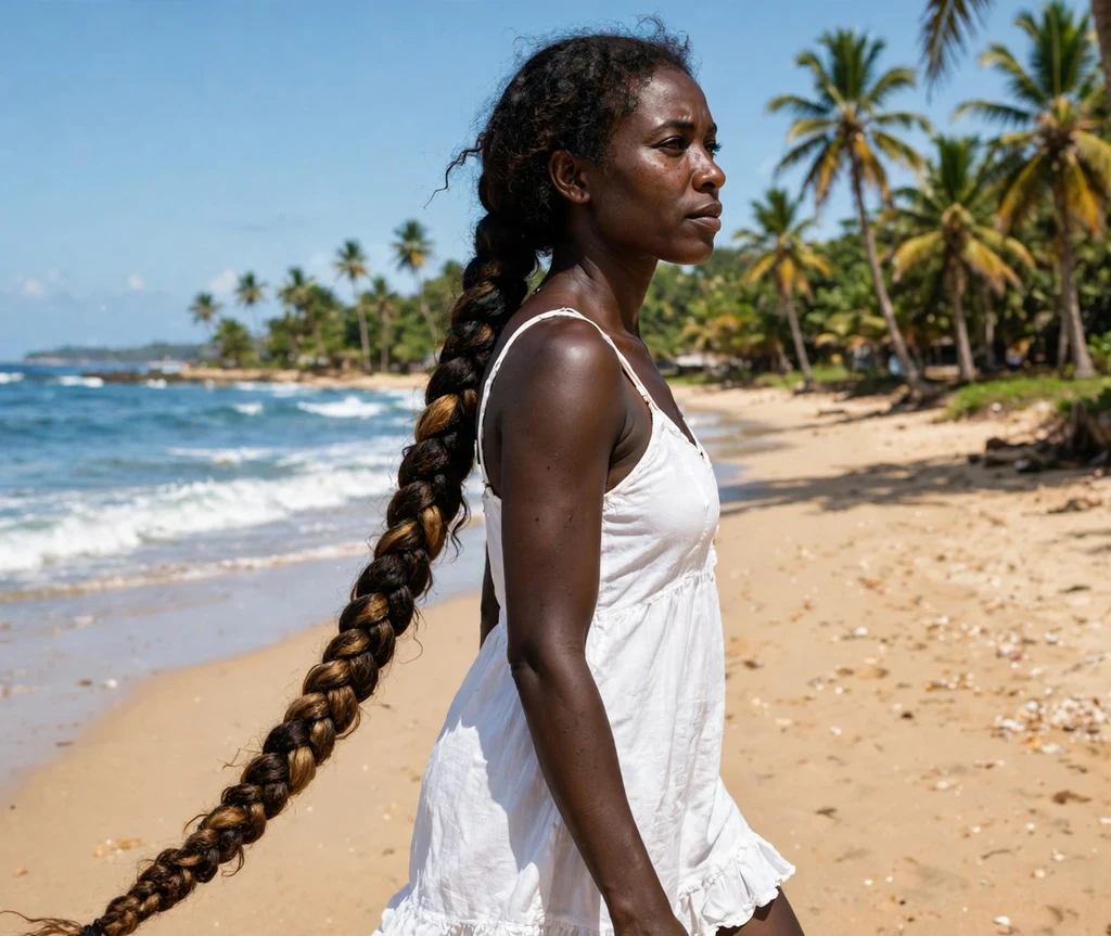 Very long sun-kissed mermaid braid over one shoulder, white sundress, tropical beach