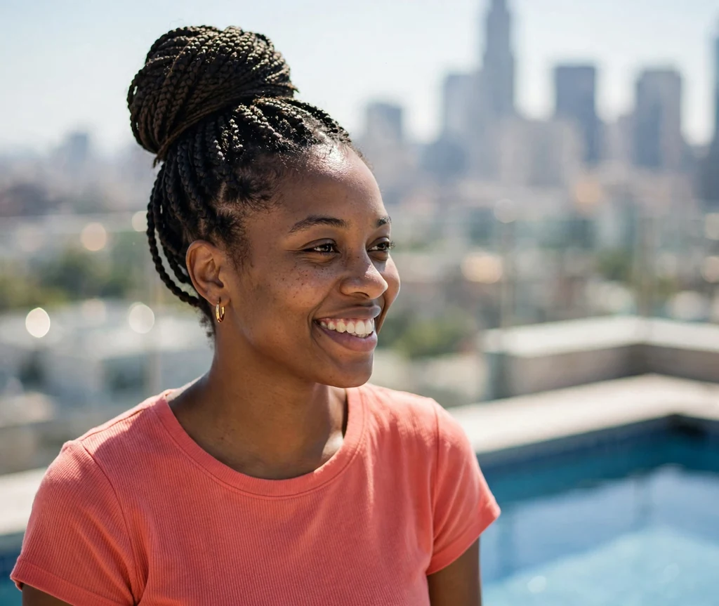 Box braids styled in a high bun on a 28-year-old Black woman with neat medium box braids wrapped into a top bun, wearing a coral top, rooftop pool