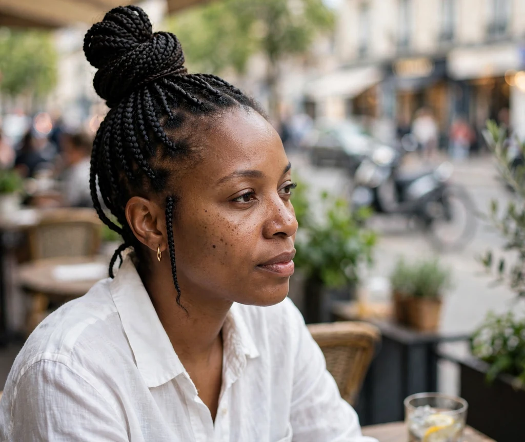 Knotless braids in a top knot on a 35-year-old Black woman with long knotless braids twisted into a high top knot, wearing a white linen shirt, cafe terrace