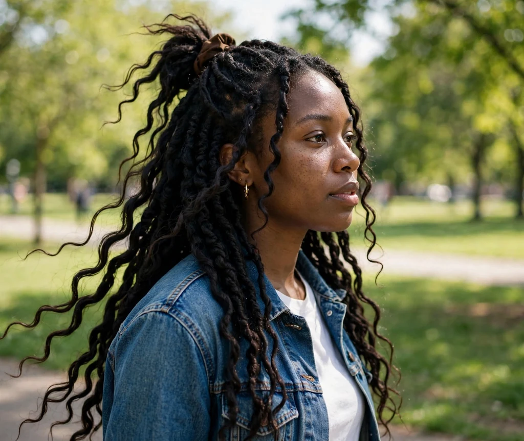 Passion twists in a half-up style on a 24-year-old Black woman with water-wave passion twists, top half pulled up, wearing a denim jacket, sunny park